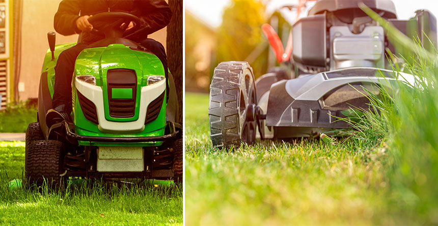 Man mows the lawn with a lawn mower. copy space